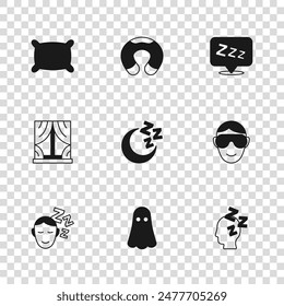 Set Ghost, Eye sleep mask, Dreams, Moon and stars, Sleepy, Pillow, Travel neck pillow and Window with curtains icon. Vector
