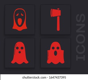 Set Ghost , Funny and scary ghost mask for Halloween , Wooden axe  and Ghost  icon. Vector