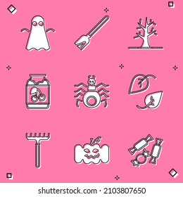 Set Ghost, Handle broom, Bare tree, Jam jar, Spider, Leaf, Garden rake and Pumpkin icon. Vector