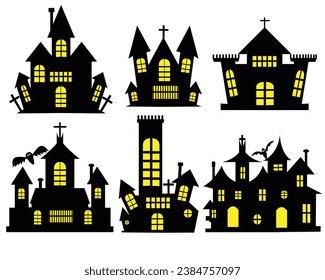 Set of ghost houses. Halloween theme. Design elements for poster, greeting card, invitation. Halloween or Hunter or Devil House Vector Files
