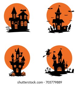 Set of ghost houses. Halloween theme. Design elements for poster, greeting card, invitation. Vector illustration