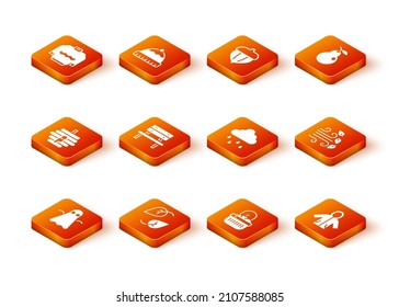 Set Ghost, Leaf, Hive for bees, Bench, Basket and food, Cloud with rain, Raincoat and Windy weather icon. Vector