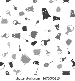 Set Ghost , Lollipop , Bottle with potion  and Halloween witch cauldron  on seamless pattern. Vector