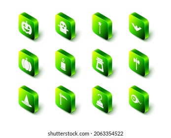 Set Ghost, Magic wand, Flying bat, Wooden axe, Eye, Bottle with potion, Pirate hook and Scythe icon. Vector