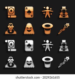 Set Ghost, Magician, staff, hat, Wizard warlock, Voodoo doll, scroll and Playing cards icon. Vector