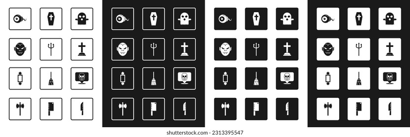 Set Ghost, Neptune Trident, Vampire, Eye, Tombstone with cross, Coffin, Skull and Candy icon. Vector