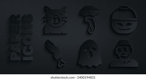 Set Ghost, Pumpkin basket for sweets, Zombie finger, Priest, Psilocybin mushroom and Cat icon. Vector