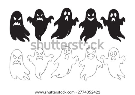 A set of ghost silhouettes and line drawings, presented in black and white against a clean, white background.