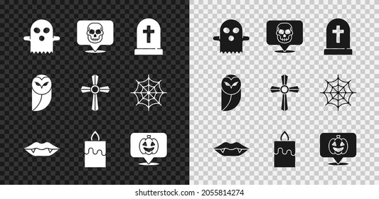 Fijar Fantasma, Calavera, Piedra de la Tumba con cruz, Dientes de vampiro, vela quemadora, Calabaza, Lechuza e ícono. Vector