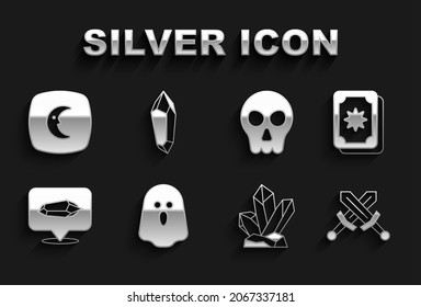 Set Ghost, Tarot cards, Crossed medieval sword, Magic stone, Skull, Moon and stars and  icon. Vector