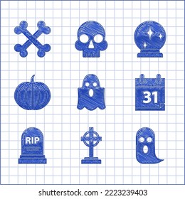 Set Ghost, Tombstone with cross, Calendar Halloween date 31 october, RIP, Pumpkin, Magic ball and Crossed bones icon. Vector