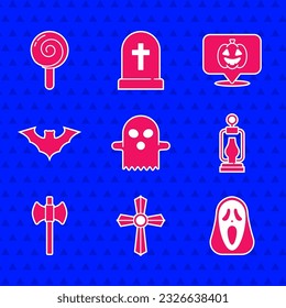 Set Ghost, Tombstone with cross, Funny and scary ghost mask, Camping lantern, Wooden axe, Flying bat, Pumpkin and Lollipop icon. Vector