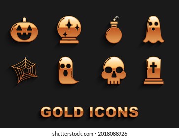 Set Ghost, Tombstone with cross, Skull, Spider web, Bomb ready explode, Pumpkin and Magic ball icon. Vector