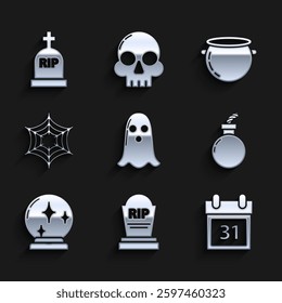Set Ghost, Tombstone with RIP, Calendar Halloween date 31 october, Bomb ready explode, Magic ball, Spider web, witch cauldron and  icon. Vector