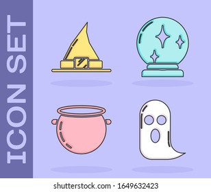 Set Ghost , Witch hat , Halloween bruch cauldron y Magic ball icon. Vector