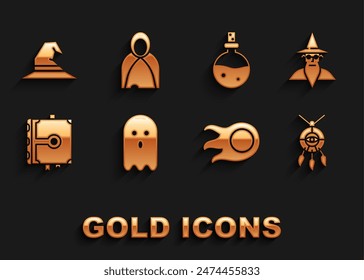 Set Ghost, Wizard warlock, Dream catcher with feathers, Fireball, Ancient magic book, Bottle love potion, Witch hat and Mantle, cloak, cape icon. Vector