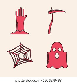 Set Ghost , Zombie hand , Scythe  and Spider web  icon. Vector