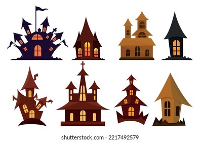Set Of The Ghostly And Horrible House Illustrations Clip Art Design, Halloween Home. Spooky With Big House on White Background. Premium Terrible Home Vector.