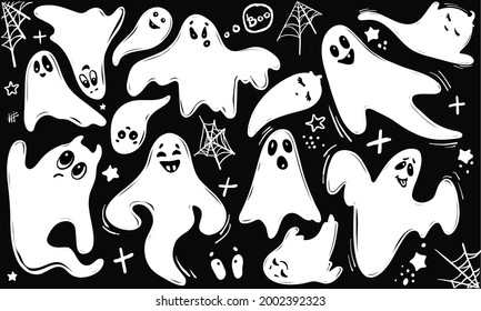 set of ghosts, cobwebs for halloween, cute, funny ghosts for seasonal autumn designs of children's room, clothes, cards, stylized vector graphics, white isolated silhouettes on black background