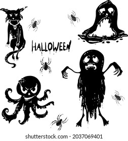Set with ghosts and cobwebs on a white background. Vector set for Halloween party invitations. Set of Halloween social media templates. Colorful banners with Halloween illustrations for instagram.
