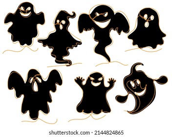 Set of ghosts.  Continuous one line drawing of different ghosts  on white background. Traditional Halloween symbols. Vector illustration