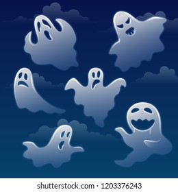 Set of ghosts with different emotions on sky with clouds. Funny spooky white wraiths. Anger, sad, surprised spirits. Vector illustration in flat style.