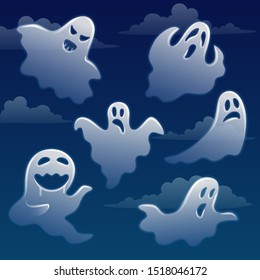 Set of ghosts with different emotions on sky with clouds. Funny spooky white wraiths. Anger, sad, surprised spirits. Vector illustration flat style.