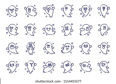 Set of ghosts emoji for halloween, isolated vector outline icons on white, funny and scary characters with various facial expressions, cartoon magic dead creature, traditional holiday symbols, flat