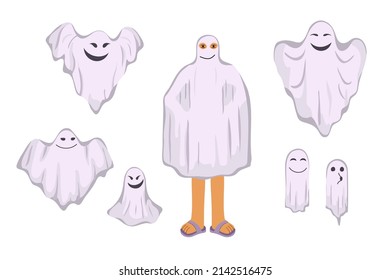 A set of ghosts for the fall holiday of Halloween. Different ghosts, smiling and scary, funny, creepy and horrible and also a man dressed as a ghost. Isolated. Vector graphics