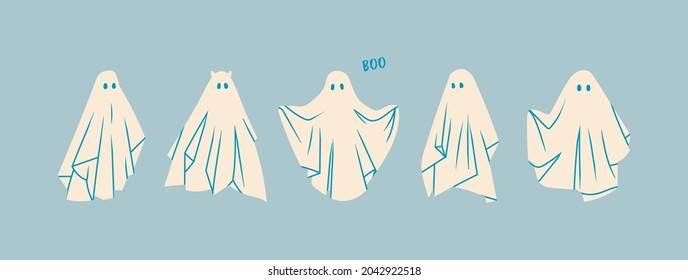 Set of Ghosts. Flying Phantoms. Halloween scary ghostly monsters. Cute cartoon spooky characters. Holiday Silhouettes. Hand drawn trendy Vector illustration. All elements are isolated on blue