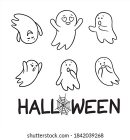 Set of ghosts. Halloween conception. Vector cartoon illustrations. Isolated objects on a white background. Hand-drawn style.