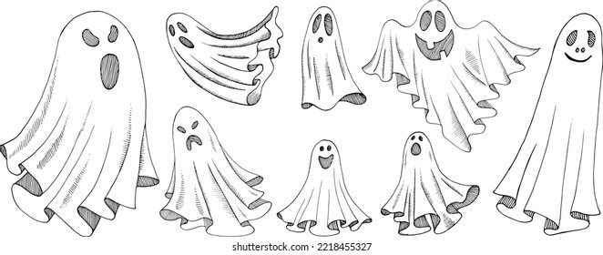 Set of ghosts for Halloween. Flying phantoms, vector illustration, hand drawing. Line art. Sketch illustration