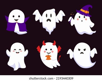 Set Of Ghosts For Halloween. Isolated Design Elements Vector Illustration In Flat Style