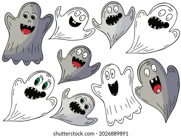 Set of ghosts in hand draw style. Collection of vector illustrations for Halloween design. Halloween elements, cartoon