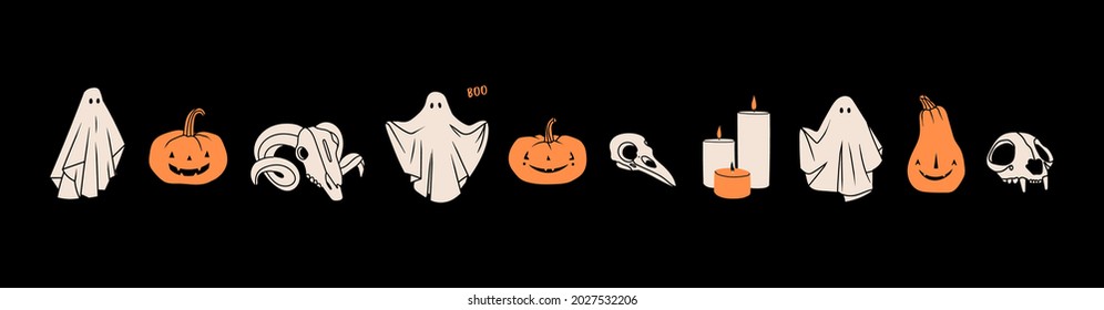 Set of Ghosts, orange Pumpkins, animal skulls. Halloween concept. Cute cartoon spooky characters. Holiday Silhouettes. Hand drawn trendy Vector illustration. All elements are isolated
