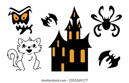 Set of Ghosts, orange Pumpkins, animal skulls. Halloween concept. Cute cartoon spooky characters. Holiday Silhouettes. Hand drawn trendy Vector illustration. All elements are isolated