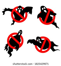 A set of ghosts in a prohibition sign. Collection of logos for hunters for evil spirits and paranormal. Scary Halloween pictures, simple silhouettes. Mystical. Isolated. Vector illustration