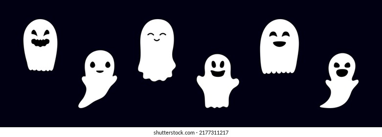 Set of ghosts with scary smiling faces for Halloween. Vector flat style illustration for design poster, banner, print.