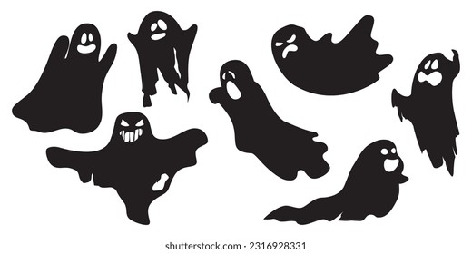 Set of Ghosts silhouette horror characters. Cute outline funny boo ghost leaf halloween character design. Cartoon Isolated vector illustration.