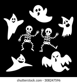 Set ghosts and skeleton of halloween day on black background. Vector illustration. Can use of banner, brochure, flyer, greeting card.