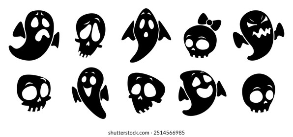 Set of ghosts and skulls for halloween. Collection of halloween silhouettes icon and character. Hand drawn vector illustration