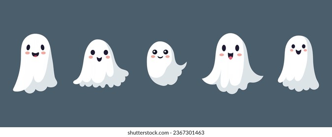 Set of ghosts with smiling faces for Halloween. Vector flat style illustration for design poster, banner, print.