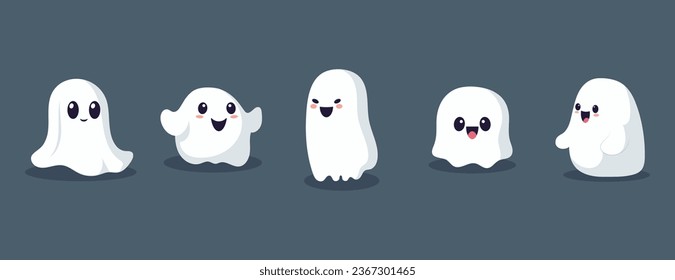 Set of ghosts with smiling faces for Halloween. Vector flat style illustration for design poster, banner, print.