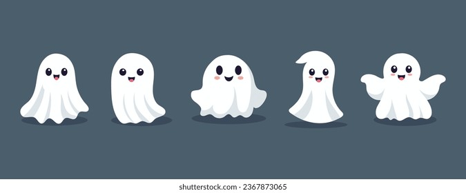 Set of ghosts with smiling faces for Halloween. Vector flat style illustration for design poster, banner, print.