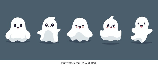 Set of ghosts with smiling faces for Halloween. Vector flat style illustration for design poster, banner, print.