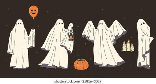 Set of ghosts. Spirits with pumpkins. International holiday of fear and horror. Spooky and scary characters. Social media stickers. Flat vector collection isolated on dark background