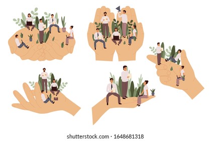 Set of giant hands holding tiny office workers. Flat cartoon vector illustration.