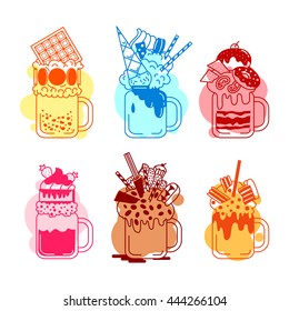 Set of giant milkshakes in black and white style. Monstershakes in cocktail jars. Vector color illustration isolated on a white background.