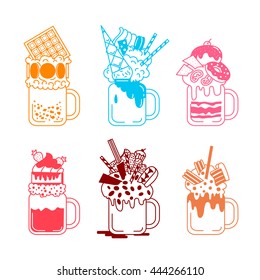 Set of giant milkshakes in black and white style. Monstershakes in cocktail jars. Vector color illustration isolated on a white background.