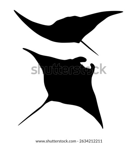 Set of Giant oceanic manta ray silhouettes. Manta rays Mobula birostris. Realistic vector sea animals.